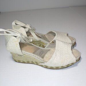 - UGG Delmar TIe Up Peep Toe Espadrille Wedge Sandals Size 6 Oatmeal